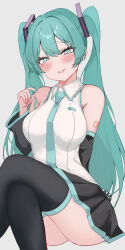 Rule 34 | 1girl, absurdres, black skirt, black sleeves, black thighhighs, blue eyes, blue hair, blue necktie, blush, breasts, collared shirt, commentary request, crossed legs, detached sleeves, eikawa suru, feet out of frame, grey background, grin, hair intakes, hair ornament, hatsune miku, highres, long hair, long sleeves, looking at viewer, medium bangs, medium breasts, miniskirt, necktie, number tattoo, pleated skirt, shirt, shoulder tattoo, simple background, sitting, skirt, sleeveless, sleeveless shirt, smile, solo, tattoo, thighhighs, twintails, variant set, very long hair, vocaloid, white shirt