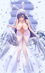 Rule 34 | 1girl, absurdres, animal ears, azur lane, breasts, bridal veil, cleavage, dated, dress, eeyoosekedooaat, fake animal ears, full body, hair ornament, highres, large breasts, long hair, looking at viewer, new jersey (azur lane), new jersey (snow-white ceremony) (azur lane), official alternate costume, petals, purple eyes, purple hair, solo, star (symbol), star hair ornament, veil, very long hair, wedding dress