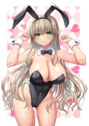 Rule 34 | 1girl, animal ears, black bow, black bowtie, black leotard, blonde hair, bow, bowtie, breasts, cleavage, commentary request, cowboy shot, detached collar, gluteal fold, green eyes, large breasts, leaning forward, leotard, looking at viewer, minase (dragon panda), original, playboy bunny, rabbit ears, rabbit tail, solo, standing, strapless, strapless leotard, tail, wrist cuffs