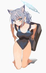 Rule 34 | 1girl, absurdres, animal ear fluff, animal ears, bag, barefoot, black one-piece swimsuit, blue archive, blue eyes, breasts, competition swimsuit, covered navel, cross hair ornament, extra ears, grey hair, hair ornament, halo, hamita (rikopin ika), highres, kneeling, leaning forward, looking at viewer, low ponytail, medium breasts, medium hair, mismatched pupils, multicolored clothes, multicolored swimsuit, one-piece swimsuit, shiroko (blue archive), shiroko (swimsuit) (blue archive), simple background, solo, swimsuit, white background