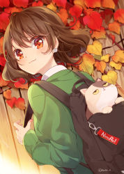 Rule 34 | 1girl, :3, ahoge, animal, autumn, autumn leaves, backpack, bag, bag charm, blush, brown hair, cat, cat earrings, charm (object), closed mouth, colored sclera, day, dutch angle, earrings, english text, fence, from behind, green sweater, hazuki natsu, highres, jewelry, long sleeves, looking at viewer, looking back, nail polish, original, outdoors, pink nails, red eyes, short hair, smile, solo, sweater, tareme, unzipped, upper body, wooden fence, yellow sclera