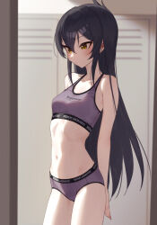 1girl 24riside absurdres black_hair blush breasts collarbone commission highres idolmaster idolmaster_cinderella_girls indoors locker locker_room long_hair looking_ahead matoba_risa navel panties pixiv_commission purple_panties purple_sports_bra small_breasts solo sports_bra stomach straight_hair thighs underwear underwear_only very_long_hair yellow_eyes