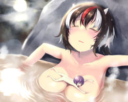 Rule 34 | 2girls, ass, bare shoulders, black hair, blush, breasts, closed eyes, collarbone, commentary request, cone horns, eyelashes, gomeifuku, horns, kijin seija, large breasts, mini person, minigirl, multicolored hair, multiple girls, onsen, open mouth, purple hair, red hair, relaxing, ripples, short hair, smile, steam, streaked hair, sukuna shinmyoumaru, touhou, water, wet, wet hair, white hair
