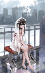 Rule 34 | 1girl, absurdres, arms behind back, barefoot, bdsm, bench, black hair, bondage, bound, bound arms, breasts, cityscape, coat, collar, collarbone, exhibitionism, feet, female focus, full body, groin, highres, large breasts, leash, long hair, naked coat, nipples, nude, original, parted lips, public indecency, railing, rain, raincoat, see-through, shibari, sidelocks, sitting, slave, solo, thighs, toes, transparent raincoat, wet, yuanfang de baihua l&iacute;n