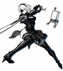 Rule 34 | 1girl, 2b (nier:automata), blindfold, boots, breasts, cleavage cutout, clothing cutout, dress, fighting stance, full body, gloves, hairband, high heel boots, high heels, holding, holding sword, holding weapon, kahadu (kawazu), medium breasts, monochrome, nier:automata, nier (series), pod (nier:automata), short hair, side slit, simple background, solo, spot color, sword, thigh boots, weapon