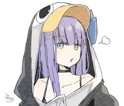Rule 34 | 1girl, animal hood, black jacket, blue eyes, collarbone, fate/extra, fate/extra ccc, fate (series), hair between eyes, highres, hood, hood up, hooded jacket, jacket, long hair, looking at viewer, meltryllis (fate), meltryllis (swimsuit lancer) (first ascension) (fate), parted lips, penguin hood, purple hair, sidelocks, signature, simple background, sofra, solo, traditional media, white background