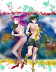 Rule 34 | 2girls, absurdres, arm up, blurry, blurry background, blush, breasts, cosplay, creatures (company), earrings, fantina (pokemon), flatpankakesjim, game freak, gen 7 pokemon, high heels, highres, jewelry, long hair, medium breasts, multiple girls, nintendo, nipples, oricorio, oricorio (baile), oricorio (cosplay), oricorio (pom-pom), pants, pokemon, pokemon dppt, pokemon lgpe, red eyes, sabrina (pokemon), see-through, see-through legwear, simple background, thighhighs, tight clothes, tight pants, topless