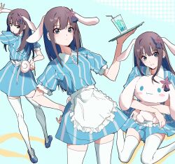 Rule 34 | 1girl, absurdres, animal ears, apron, bloom into me15, blue background, blue dress, blue eyes, blue footwear, brown hair, cup, dress, fake animal ears, flower, hair flower, hair ornament, highres, holding, holding stuffed toy, holding tray, idolmaster, idolmaster cinderella girls, long hair, multiple views, puffy short sleeves, puffy sleeves, rabbit ears, shibuya rin, short sleeves, stuffed animal, stuffed rabbit, stuffed toy, thighhighs, tray, waitress, white apron, white thighhighs
