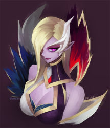 Rule 34 | 1girl, artist name, bare shoulders, black dress, blonde hair, breasts, cleavage, closed mouth, coven morgana, cropped torso, dress, fur trim, hair ornament, hair over one eye, large breasts, league of legends, long hair, looking at viewer, morgana (league of legends), pink eyes, pointy ears, red background, sleeveless, sleeveless dress, smile, solo, vmat, white dress