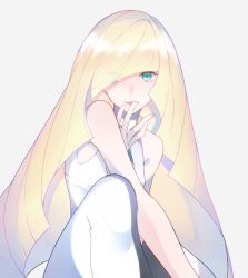 Rule 34 | 10s, 1girl, bad id, bad twitter id, bare arms, blonde hair, creatures (company), diamond (gemstone), dress, eyes visible through hair, game freak, gem, green eyes, green gemstone, hair over one eye, hand to own mouth, highres, long hair, looking at viewer, lusamine (pokemon), nintendo, open mouth, pantyhose, pokemon, pokemon sm, shiratama (xsrtmx), silver background, simple background, smile, solo