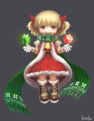 Rule 34 | 1girl, artist name, bell, blonde hair, blush, boots, bow, brown eyes, brown footwear, closed mouth, gift, gloves, green scarf, hair bow, highres, kouka (mrakano5456), looking at viewer, original, puffy short sleeves, puffy sleeves, red bow, ribbon, scarf, short hair, short sleeves, short twintails, smile, solo, twintails, white gloves, yellow ribbon