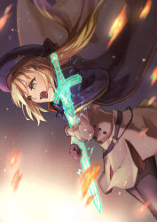 Rule 34 | 1girl, absurdres, artoria caster (fate), artoria caster (second ascension) (fate), artoria pendragon (fate), belt, beret, black bow, black gloves, black pantyhose, blonde hair, blue belt, blue cloak, blue hat, bow, buttons, cloak, excalibur (fate/stay night), fate/grand order, fate (series), fire, gloves, green eyes, hair bow, hat, highres, holding, holding sword, holding weapon, long hair, long sleeves, open mouth, ornament, pantyhose, pleated skirt, purple bow, shirt, simple background, skirt, solo, spoilers, sword, tears, twintails, weapon, white shirt, white skirt, yanagimachi