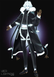 Rule 34 | 1boy, belt, black background, black coat, black footwear, black pants, black shirt, cable, coat, colored eyelashes, colored skin, creatures (company), crop top, crossed bangs, english text, full body, fur-trimmed coat, fur collar, fur trim, game freak, gauntlets, gen 7 pokemon, gloves, glowing, gold, gradient background, groin, hair between eyes, hand up, happy, highres, looking at viewer, male focus, merlusa, midriff, navel, nintendo, open clothes, open coat, pants, parted lips, personification, pokemon, shirt, shoes, short hair, sidelocks, simple background, smile, solo, standing, stomach, teeth, ultra beast, white eyes, white hair, white skin, xurkitree, yellow gloves, zipper pull tab