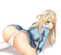 Rule 34 | 1girl, all fours, arched back, ass, blonde hair, bloody0rabby, blue eyes, blush, breasts, cameltoe, embarrassed, girls&#039; frontline, gloves, hairband, large breasts, long hair, looking at viewer, open mouth, panties, shiny clothes, shiny skin, side ponytail, sideboob, skirt, solo, suomi (girls&#039; frontline), thighhighs, top-down bottom-up, underwear
