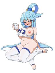 Rule 34 | 1girl, absurdres, alternate costume, aqua (konosuba), artist name, black choker, blue eyes, blue hair, blue nails, blush, breasts, choker, collarbone, commentary, crop top, cup, english commentary, feet, full body, hair ornament, hand up, highres, holding, holding cup, huge nipples, kono subarashii sekai ni shukufuku wo!, large breasts, legs, long hair, looking at viewer, mmmalice, nail polish, navel, nipples, no panties, no shoes, on ground, one breast out, open mouth, see-through, see-through shirt, shadow, sidelocks, simple background, single hair ring, sitting, solo, strap slip, thighhighs, toeless legwear, toenail polish, toenails, toes, transparent background, very long hair, white thighhighs