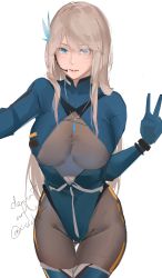 Rule 34 | 1girl, absurdres, arm up, bad id, bad pixiv id, black pantyhose, blonde hair, blue bodysuit, blue eyes, blush, bodystocking, bodysuit, breasts, cleavage, closed mouth, earpiece, feet out of frame, hair ornament, highres, leaning forward, lexington (warship girls r), lips, long hair, looking at viewer, medium breasts, microphone, pantyhose, revision, rifu (643763873), solo, standing, thighs, v, warship girls r, white background