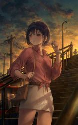 Rule 34 | 1girl, bag, black hair, brown eyes, commentary request, handbag, highres, lamppost, original, outdoors, pink shirt, power lines, r o ha, railing, shadow, shirt, short hair, skirt, solo, stairs, sunset, utility pole, watch, white skirt, wristwatch