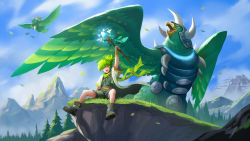 Rule 34 | 1boy, 1girl, arm up, armor, armored animal, bird, brown footwear, daigusto falcos, daigusto gulldos, duel monster, flying, forest, glowing staff, green eyes, green hair, holding, holding staff, horns, kamui hope of gusto, mountainous horizon, nature, open clothes, open mouth, pine tree, ponytail, riding, riding bird, scarf, short sleeves, shorts, sihai (wsskdywe), sitting, staff, tree, wind, winda (yu-gi-oh!), winda priestess of gusto, yu-gi-oh!