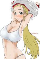 Rule 34 | 1girl, armpits, blonde hair, blush, bra, breasts, brown eyes, cleavage, closed mouth, clothes lift, dosaken, girls und panzer, grey panties, hair pulled back, hairband, large breasts, lifting own clothes, long hair, looking at viewer, navel, one-hour drawing challenge, panties, ponytail, sasaki akebi, shirt lift, simple background, skindentation, smile, solo, sports bra, standing, string panties, sweat, sweatdrop, twitter username, underwear, underwear only, upper body, white background, white bra, white hairband