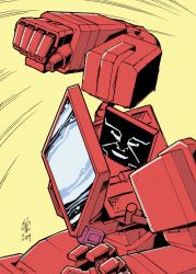 Rule 34 | 1980s (style), 1boy, autobot, casey w. coller, clenched hand, commentary, dated, english commentary, highres, ironhide, mecha, no humans, oldschool, open hand, parody, punching, retro artstyle, robot, science fiction, signature, solo, transformers, yellow background