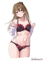 Rule 34 | 1girl, black bra, black panties, blue eyes, bow, bow bra, bow panties, bra, breasts, breasts apart, brown hair, closed mouth, collarbone, commentary request, cowboy shot, cropped legs, ebifurya, hair between eyes, hair bow, highres, kantai collection, kumano (kancolle), long hair, navel, one-hour drawing challenge, open clothes, open shirt, panties, ponytail, shirt, shirt down, small breasts, smile, solo, twitter username, underwear, white background, white shirt