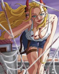 Rule 34 | 1girl, alternate costume, bare shoulders, bbdbg03, black maria (one piece), blood, blue eyes, female focus, giant, giantess, highres, horns, mature female, ocean, one piece, road, solo, street, sunset, tongue, tongue out