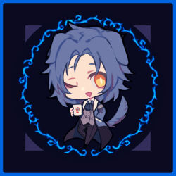 Rule 34 | 1boy, animal ears, ascot, black pants, blue ascot, blue coat, blue hair, bright pupils, chesed (project moon), chibi, chinese commentary, coat, collared shirt, commentary request, cup, dog boy, dog ears, dog tail, er hea, grey vest, hand in pocket, holding, holding cup, kemonomimi mode, lobotomy corporation, long sleeves, male focus, mug, one eye closed, open clothes, open coat, open mouth, pants, parted bangs, project moon, shirt, short hair, smile, solo, tail, vest, white pupils, white shirt, yellow eyes