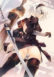 Rule 34 | 1girl, amami mikihiro, ass, black dress, black footwear, black gloves, black thighhighs, blindfold, boots, cameltoe, chain, dress, from behind, gloves, hairband, highres, leotard, looking back, mole, mole under mouth, nier (series), nier:automata, panties, short hair, solo, sword, thigh boots, thighhighs, underwear, weapon, white hair, white leotard, white panties, 2b (nier:automata)