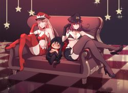 Rule 34 | 1boy, 2girls, adapted costume, alternate costume, bikini, bikini top only, blue hair, breasts, checkered floor, chibi, cleavage, couch, cu chulainn (fate), cu chulainn (fate) (all), cu chulainn (fate/stay night), cu chulainn alter (fate/grand order), elbow gloves, fate/grand order, fate (series), feather boa, glitter, gloves, hat, heart, heart necklace, high heels, highres, hood, lancer, long hair, looking to the side, medb (alluring chief warden look) (fate), medb (fate), medium breasts, mini cu-chan (fate), multiple girls, necklace, peaked cap, pencil skirt, pink hair, purple hair, red eyes, scathach (fate), skirt, star (symbol), swimsuit, thighhighs, xion32, yellow eyes