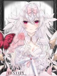 1girl arcaea bow breasts bug butterfly cleavage dress flipped_hair flower gloves grey_hair highres hikari_(arcaea) hikari_(fatalis)_(arcaea) holding holding_sword holding_weapon insect long_sleeves medium_breasts pink_bow pink_eyes pink_flower pink_rose red_butterfly rose sidelocks solo sword upper_body user_mzue8432 watermark weapon white_dress white_gloves white_hair wide_sleeves