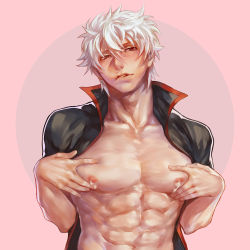 Rule 34 | 1boy, blush, gintama, hangleing, lactation, male focus, male lactation, milk, muscular, nipples, open clothes, open shirt, pectorals, pink background, realistic, red eyes, sakata gintoki, shirt, simple background, solo, white hair