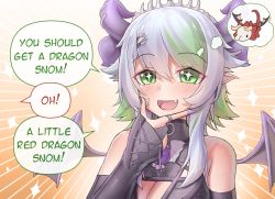 Rule 34 | 1girl, apricot the lich, apricot the lich (1st costume), bad id, bad pixiv id, blush, breasts, cleavage, english text, fang, gen 8 pokemon, green eyes, green hair, grey hair, highres, horns, hungrydurp, large breasts, long hair, multicolored hair, nail polish, open mouth, pointy ears, purple nails, smile, snom, sparkling eyes, speech bubble, thought bubble, virtual youtuber, vshojo, wings