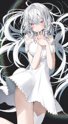 Rule 34 | 1girl, :o, absurdres, bare shoulders, black background, blush, collarbone, dot nose, dress, floating hair, grey hair, hair between eyes, hair spread out, hands up, highres, kamioka shun&#039;ya, leg up, long hair, looking to the side, nail polish, original, own hands together, parted lips, pink eyes, pink nails, pleated dress, shiori (kamioka shun&#039;ya), short dress, sidelocks, sideways glance, simple background, single thighhigh, sleeveless, sleeveless dress, solo, thighhighs, white dress, white thighhighs