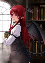 Rule 34 | 1girl, absurdres, black dress, black skirt, black vest, black wings, book, hugging book, bookshelf, closed mouth, collared shirt, demon girl, demon tail, demon wings, dress, from side, head wings, highres, holding, holding book, indoors, koakuma, lens flare, light smile, long hair, long sleeves, looking at viewer, necktie, hugging object, oirin, pointy ears, red eyes, red hair, red necktie, shirt, sidelocks, skirt, solo, tail, touhou, vest, white shirt, window, wing collar, wings