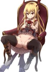 Rule 34 | 10s, 1girl, armchair, bad id, bad pixiv id, bat wings, black thighhighs, blonde hair, censored, chair, clothes lift, come hither, dakunesu, dress, dress lift, fang, flower, frilled dress, frills, full body, granblue fantasy, head wings, highres, long hair, pointy ears, presenting, pussy, red eyes, rose, shingeki no bahamut, simple background, sitting, smile, solo, thighhighs, vampire, vampy, white background, wings