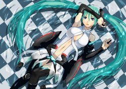 Rule 34 | 1girl, aqua hair, bad id, bad pixiv id, blue eyes, bridal gauntlets, center opening, checkered floor, floor, ganzyu i, hatsune miku, hatsune miku (append), long hair, lying, navel, necktie, open mouth, solo, submerged, thighhighs, twintails, very long hair, vocaloid, vocaloid append, water