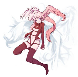 Rule 34 | 1girl, blush, breasts, cleavage, final fantasy, final fantasy tactics, hair wings, head wings, inata wataru, leotard, midriff, pink hair, purple eyes, red leotard, red thighhighs, small breasts, solo, thighhighs, ultima (fft), wings