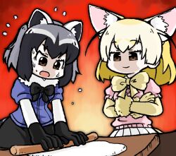 2girls animal_ears black_gloves black_skirt blonde_hair blue_shirt bow bowtie brown_eyes bseibutsu closed_mouth commentary_request common_raccoon_(kemono_friends) cowboy_shot crossed_arms dough elbow_gloves fennec_(kemono_friends) flying_sweatdrops fox_girl gloves kemono_friends kneading_dough looking_at_another multicolored_hair multiple_girls open_mouth pink_shirt raccoon_ears raccoon_girl red_background rolling_pin shirt short_hair short_sleeves skirt smile white_hair yellow_bow yellow_bowtie yellow_gloves