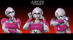 Rule 34 | 1girl, 3d, arcee, autobot, blender (medium), blue eyes, breasts, colored skin, expressions, glowing, glowing eyes, hand on own chin, helmet, highres, humanoid robot, jpl-animation, medium breasts, metal skin, pink lips, robot, robot girl, science fiction, solo, transformers, upper body, white skin