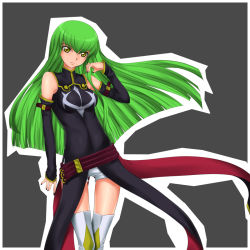 Rule 34 | 00s, 1girl, bare shoulders, belt, boots, c.c., code geass, detached sleeves, eyebrows, green hair, long hair, looking at viewer, nail polish, rokuichi, shorts, solo, very long hair, white footwear, white shorts, yellow eyes