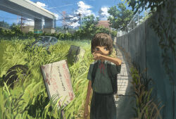 Rule 34 | 1girl, absurdres, anko1127, arm at side, black skirt, bright pupils, brown eyes, brown hair, car, chain-link fence, cloud, commentary request, contrail, cowboy shot, cumulonimbus cloud, day, dress shirt, fence, grass, grey shirt, hand up, highres, looking to the side, motor vehicle, neck ribbon, open mouth, original, outdoors, overpass, path, plant, power lines, red ribbon, refrigerator, ribbon, road, rust, scenery, school uniform, shirt, short hair, short sleeves, sign, skirt, solo, summer, sweat, tall grass, tire, town, utility pole, vines, wall, white pupils, wiping sweat