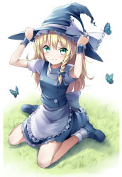 Rule 34 | 1girl, apron, bad id, bad pixiv id, blonde hair, bon, bow, braid, bug, butterfly, female focus, grass, green eyes, hand on headwear, hat, bug, kirisame marisa, long hair, looking at viewer, mary janes, shoes, sitting, smile, solo, touhou, waist apron, wariza, witch hat, yellow eyes