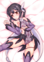 Rule 34 | 1girl, bed sheet, black hair, blush, breasts, brown eyes, brown hair, cameltoe, detached sleeves, fate/kaleid liner prisma illya, fate (series), hair ornament, hair ribbon, hairclip, highres, holster, kishimen, long hair, long sleeves, lying, miyu edelfelt, navel, nipples, on back, on bed, ribbon, see-through, sidelocks, skin tight, skindentation, small breasts, solo, thigh holster, thigh strap, twintails, upper body, x hair ornament