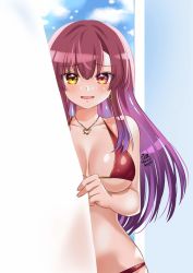 Rule 34 | 1girl, artist name, behind cover, bikini, breasts, cowboy shot, earrings, heterochromia, highres, hololive, houshou marine, houshou marine (summer), jewelry, large breasts, long hair, looking at viewer, maroonabyss, necklace, red bikini, red eyes, red hair, smile, solo, swimsuit, virtual youtuber, yellow eyes