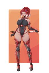 Rule 34 | 1girl, absurdres, arm guards, armor, bare shoulders, boots, braid, breasts, closed mouth, commentary, covered navel, eyeshadow, fingerless gloves, fingernails, fishnets, full body, gloves, gluteal fold, gradient hair, hair ornament, highleg, highleg leotard, highres, large breasts, leotard, lips, long hair, makeup, multicolored hair, ninja, original, ponytail, red hair, red lips, senacolada, shiny clothes, simple background, sleeveless, smile, solo, standing, sword, thigh boots, thighhighs, thighs, two-tone hair, weapon, white hair, yellow eyes