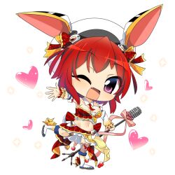 Rule 34 | 1girl, :d, animal ears, blush, boots, bow, breasts, chibi, cleavage, collar, commentary request, detached collar, detached sleeves, fang, full body, fur-trimmed boots, fur trim, hat, hat bow, heart, hishou no sora, holding, holding microphone stand, hop step jumpers, layered skirt, lets0020, looking at viewer, medium breasts, microphone, microphone stand, midriff, miniskirt, navel, necktie, one eye closed, open mouth, pink eyes, plaid, plaid bow, plaid skirt, rabbit ears, rabbit girl, rabbit tail, reaching, reaching towards viewer, red bow, red hair, red necktie, red skirt, short hair, simple background, skirt, smile, solo, tail, transparent background, white collar, white footwear, white skirt, white sleeves