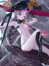 Rule 34 | 1girl, abigail williams (fate), abigail williams (third ascension) (fate), absurdres, armpits, black bow, black gloves, black hat, black socks, bow, breasts, convenient censoring, elbow gloves, fate/grand order, fate (series), floating hair, gloves, hat, hat bow, highres, holding, holding staff, kneehighs, long hair, looking at viewer, nekobell, orange bow, parted bangs, polka dot, polka dot bow, purple eyes, revealing clothes, silver hair, small breasts, socks, solo, staff, topless, very long hair, witch hat