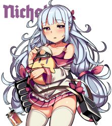Rule 34 | 18bit, 1girl, absurdres, azur lane, bird, chick, commentary request, hugging doll, highres, long hair, looking at viewer, machinery, mole, mole under eye, nicholas (azur lane), hugging object, parted lips, pink hair, pleated skirt, silver hair, simple background, skirt, smile, solo, stuffed chicken, thighhighs, torpedo tubes, turret, white thighhighs, zettai ryouiki