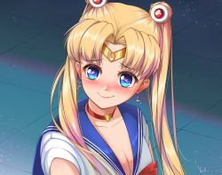 Rule 34 | 1girl, artist name, bishoujo senshi sailor moon, blonde hair, blue eyes, blue sailor collar, blush, breasts, choker, cleavage, closed mouth, commentary request, crescent, crescent earrings, dated, derivative work, diadem, double bun, earrings, han xiao xue beifang xue ji, heart, heart-shaped pupils, heart choker, highres, jewelry, long hair, looking at viewer, meme, red choker, sailor collar, sailor moon, sailor moon redraw challenge (meme), sailor senshi, sailor senshi uniform, screenshot redraw, smile, solo, symbol-shaped pupils, tsukino usagi, twintails, upper body