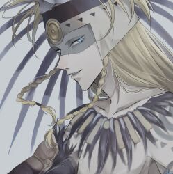 Rule 34 | 1boy, arm tattoo, aztec, blonde hair, blue eyes, braid, facepaint, fate/grand order, fate (series), gold necklace, hair ornament, headdress, highres, jewelry, long hair, looking at viewer, male focus, necklace, profile, shoulder tattoo, simple background, skull, skull hair ornament, smile, solo, tattoo, tezcatlipoca (fate), tezcatlipoca (third ascension) (fate), traditional clothes, twin braids, upper body, white background, yutsuki (pixiv40202660)